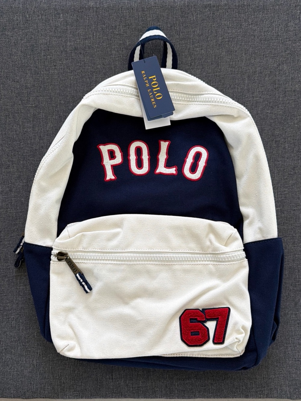 Polo Ralph Lauren Blue/White Varsity Canvas Embroidered Backpack New With Tags